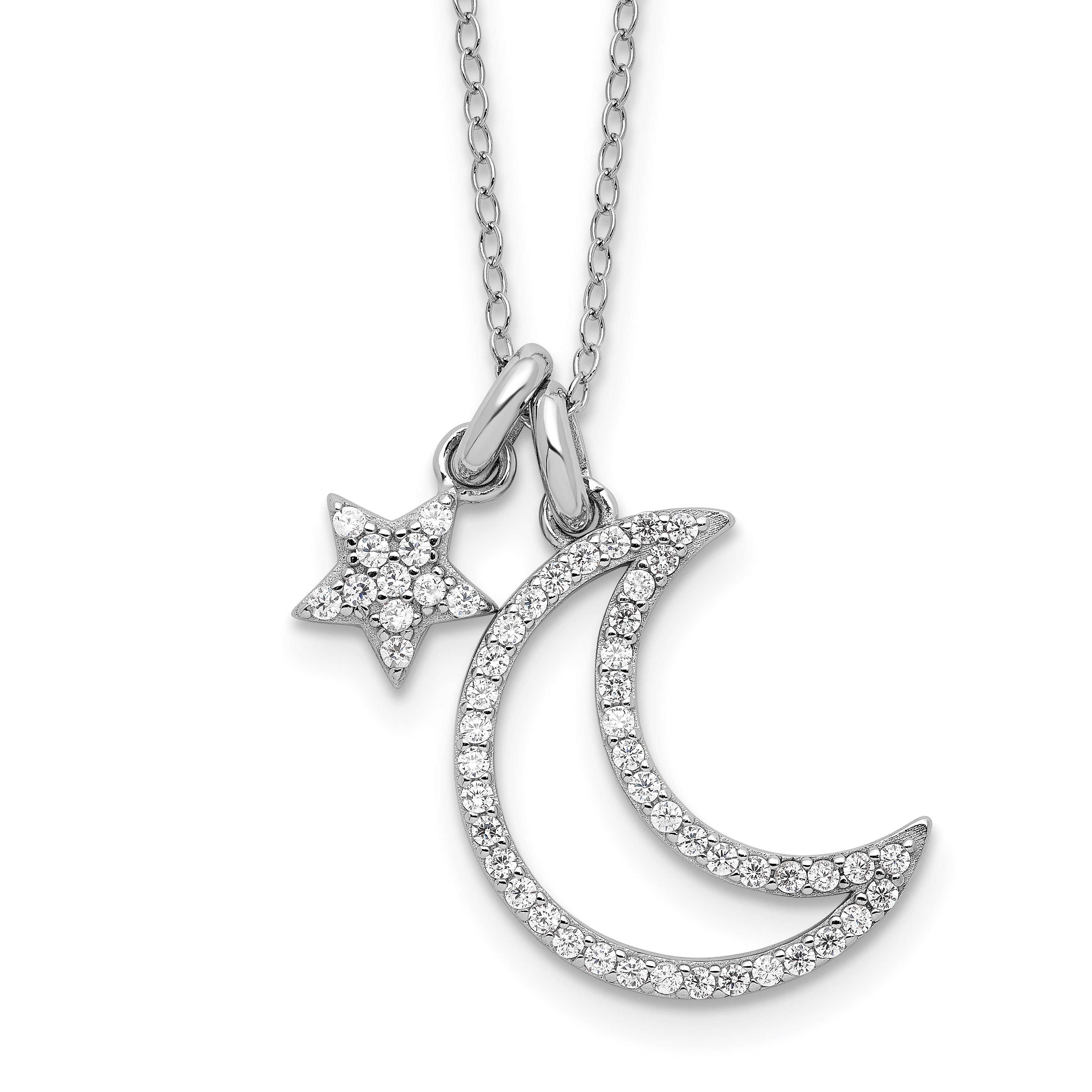 Sterling Silver Rhod-plated CZ Moon/Star w/2In Ext Necklace