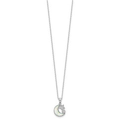 Sterling Silver RH-plated CZ Created Opal Inlay Moon w/2in ext Necklace