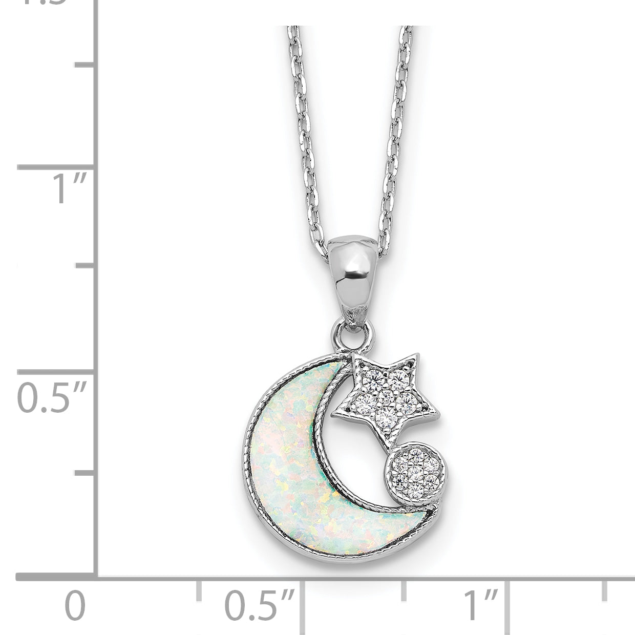 Sterling Silver RH-plated CZ Created Opal Inlay Moon w/2in ext Necklace