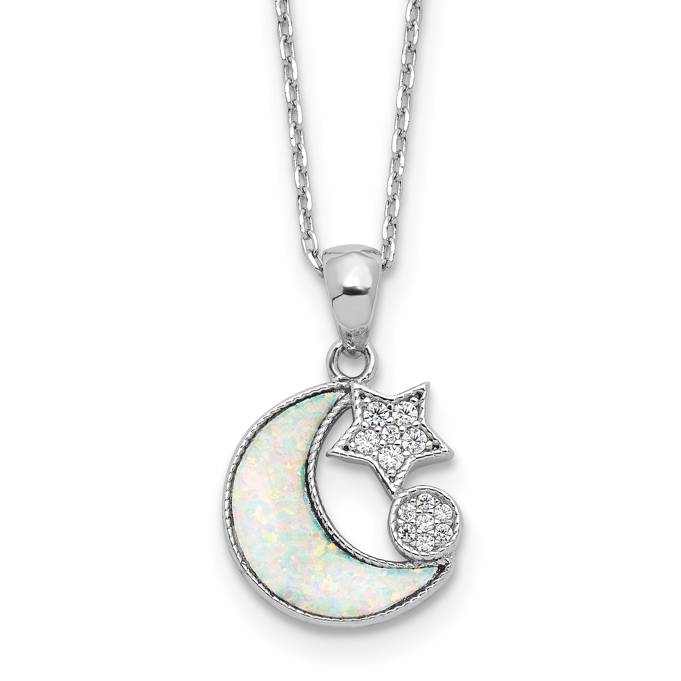 Sterling Silver RH-plated CZ Created Opal Inlay Moon w/2in ext Necklace