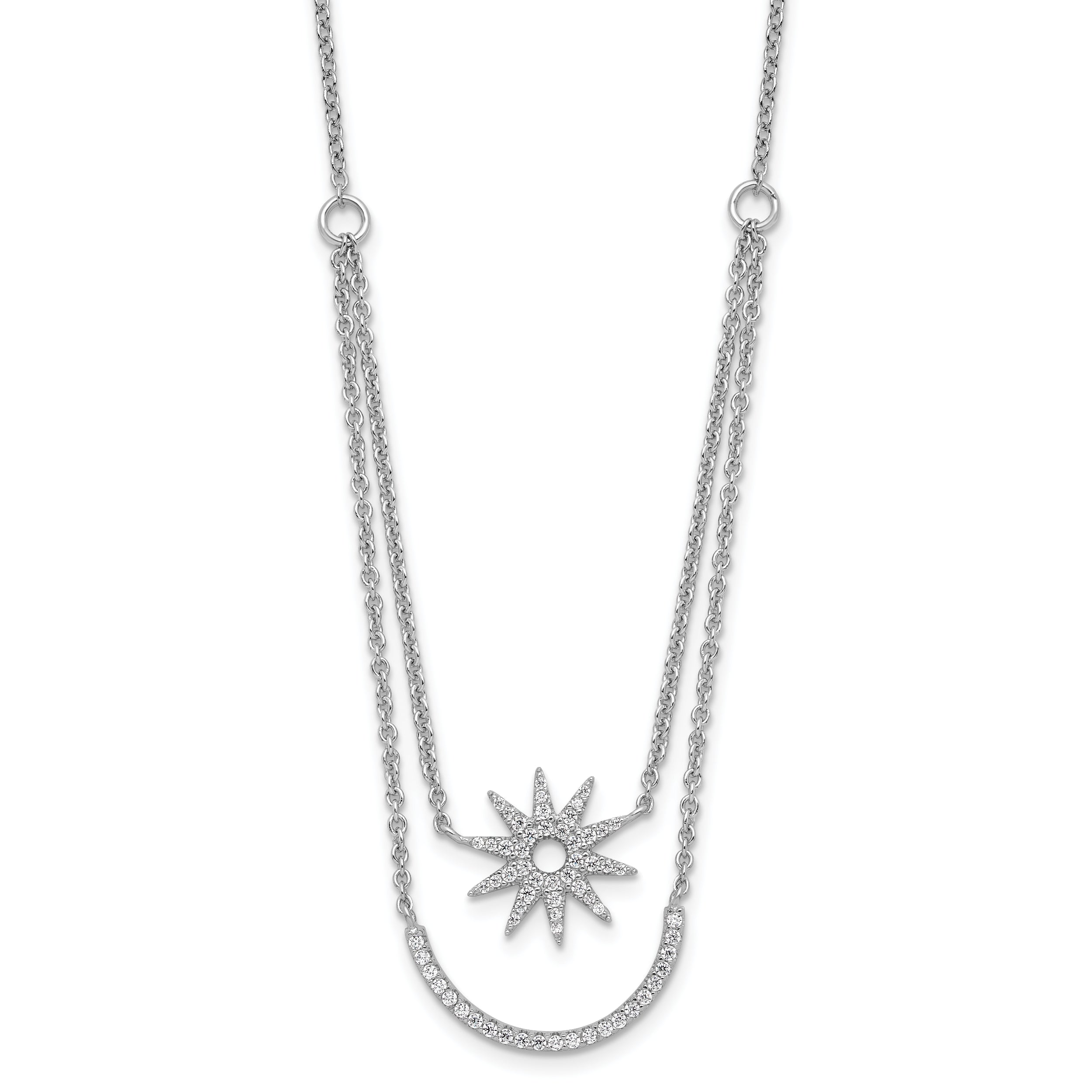 Sterling Silver Rhodium-plated Two Strand CZ Star 16in 1.5in ext Necklace