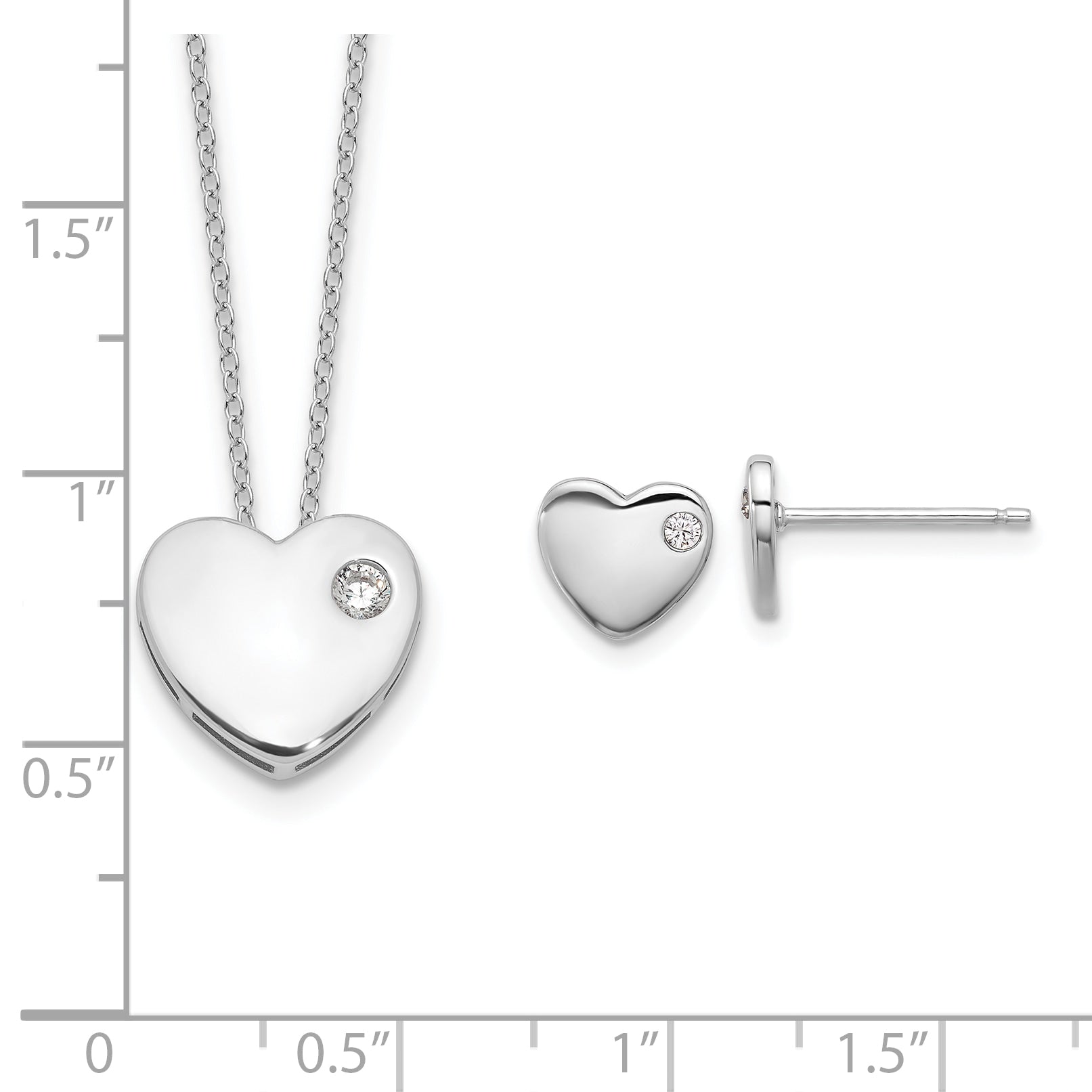 Sterling Silver RH-plated CZ Heart 18in Necklace and Post Earring Set