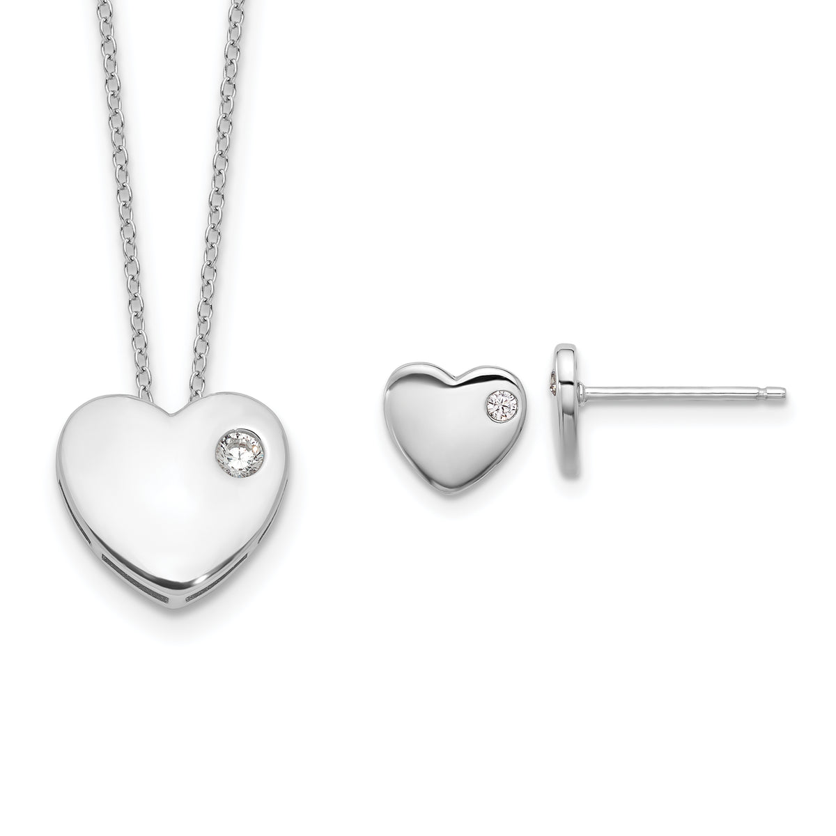 Sterling Silver RH-plated CZ Heart 18in Necklace and Post Earring Set