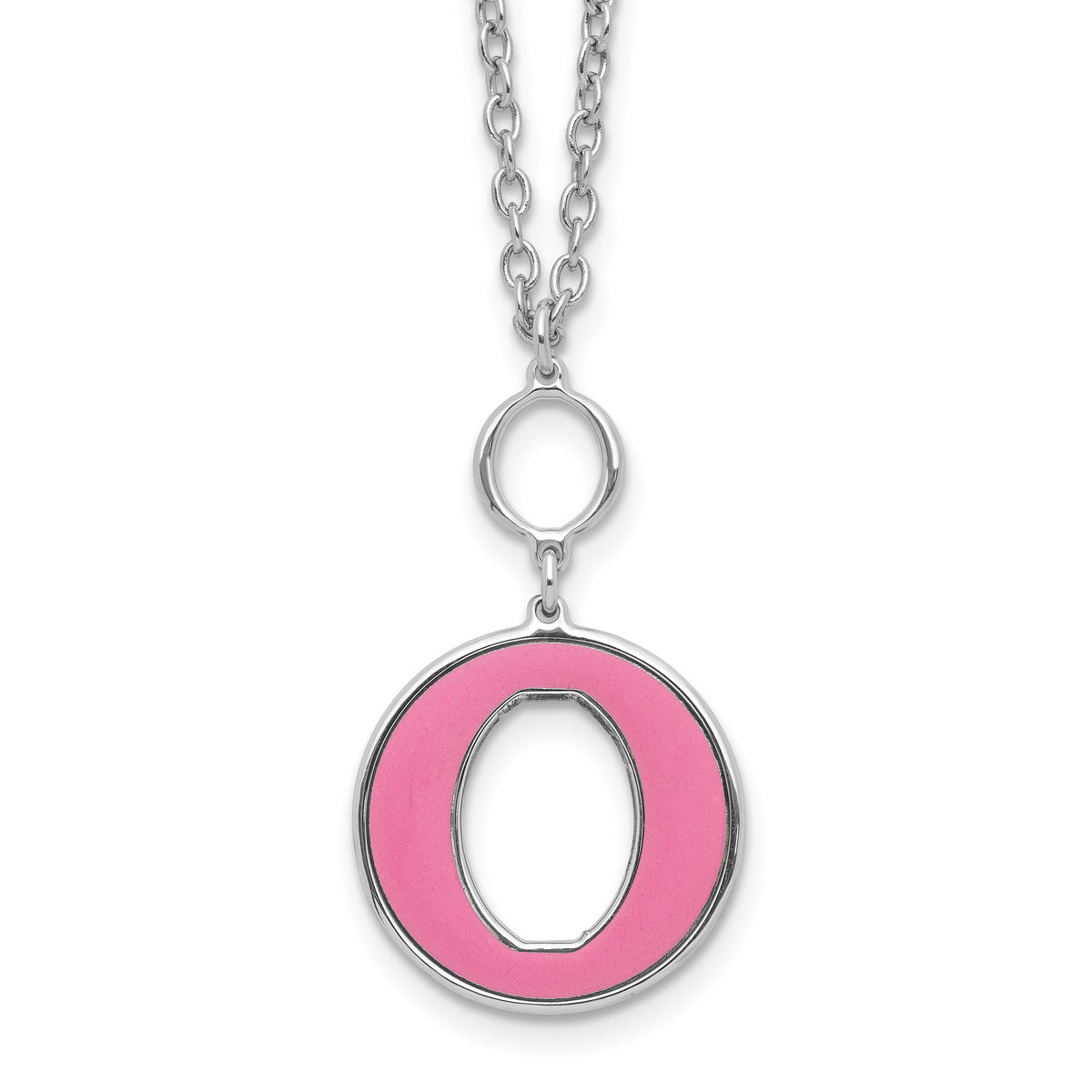 Sterling Silver Rhodium-plated 18in w/2in ext Pink Enamel Circle Necklace