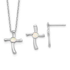 Sterling Silver RH-plated Cr.Opal Cross Earrings/16in Necklace w/2in ext Se