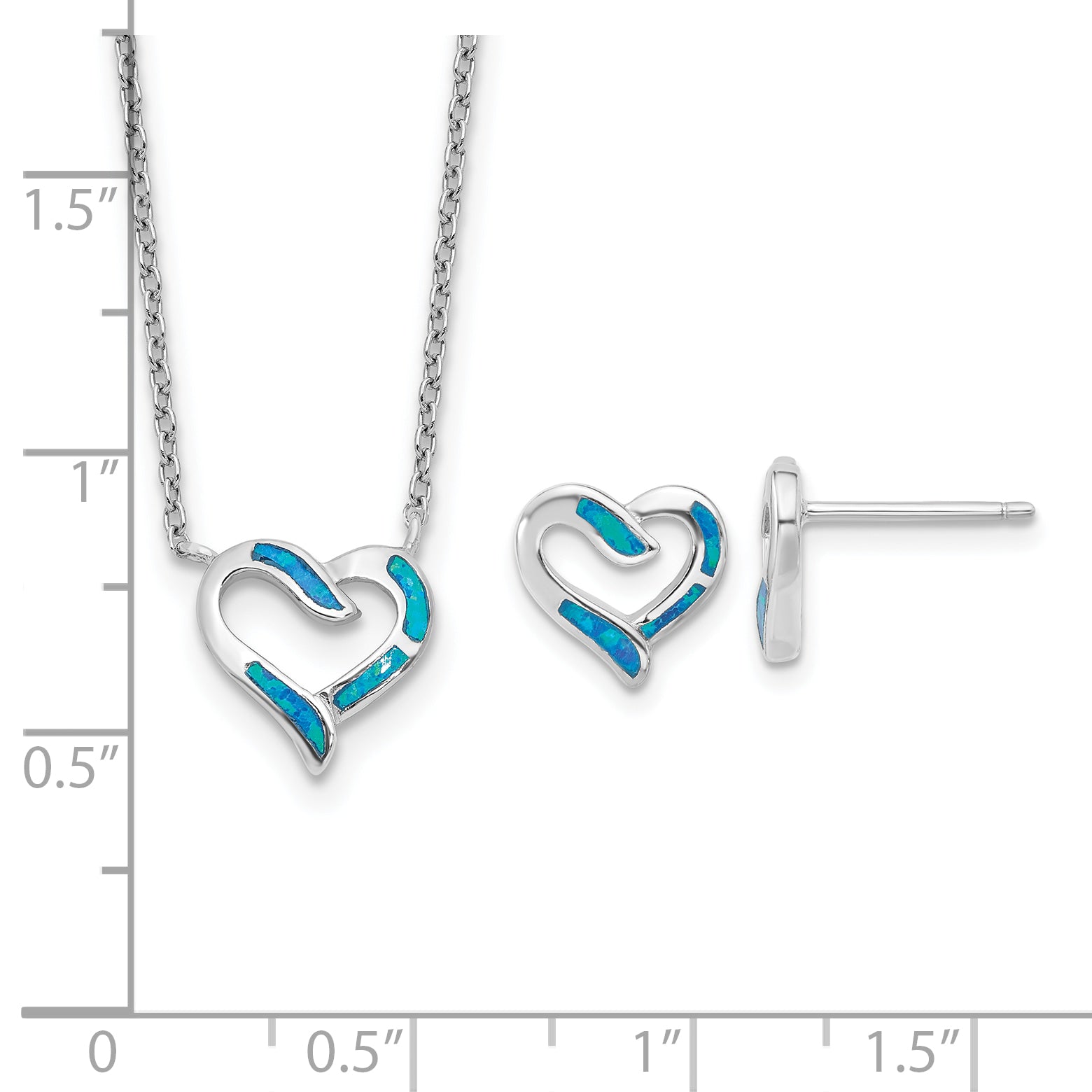 Sterling Silver RH-pl Cr.Opal Heart 16in Necklace w/2in ext and Earring Set