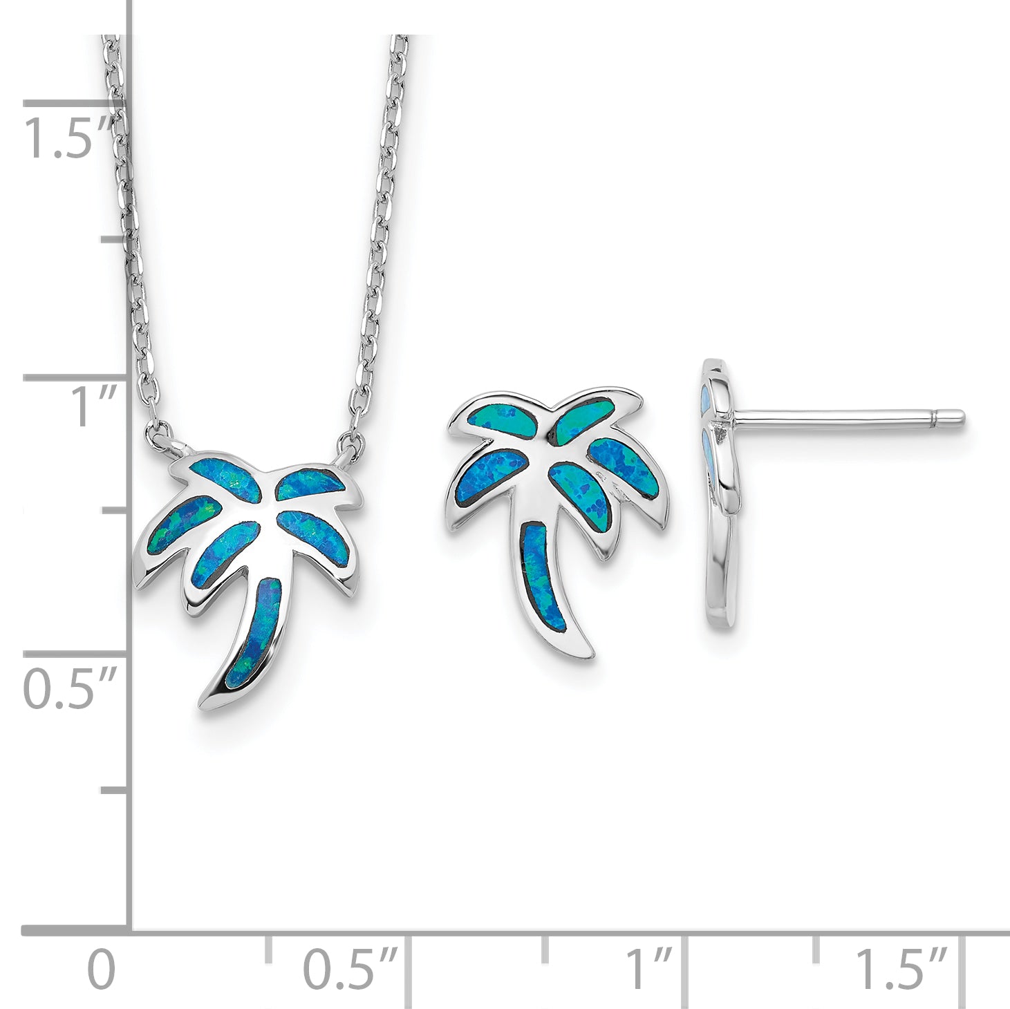 Sterling Silver RH-pl Cr.Opal Palm Tree 16in Necklace w/2in ext/Earring Set