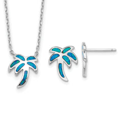 Sterling Silver RH-pl Cr.Opal Palm Tree 16in Necklace w/2in ext/Earring Set