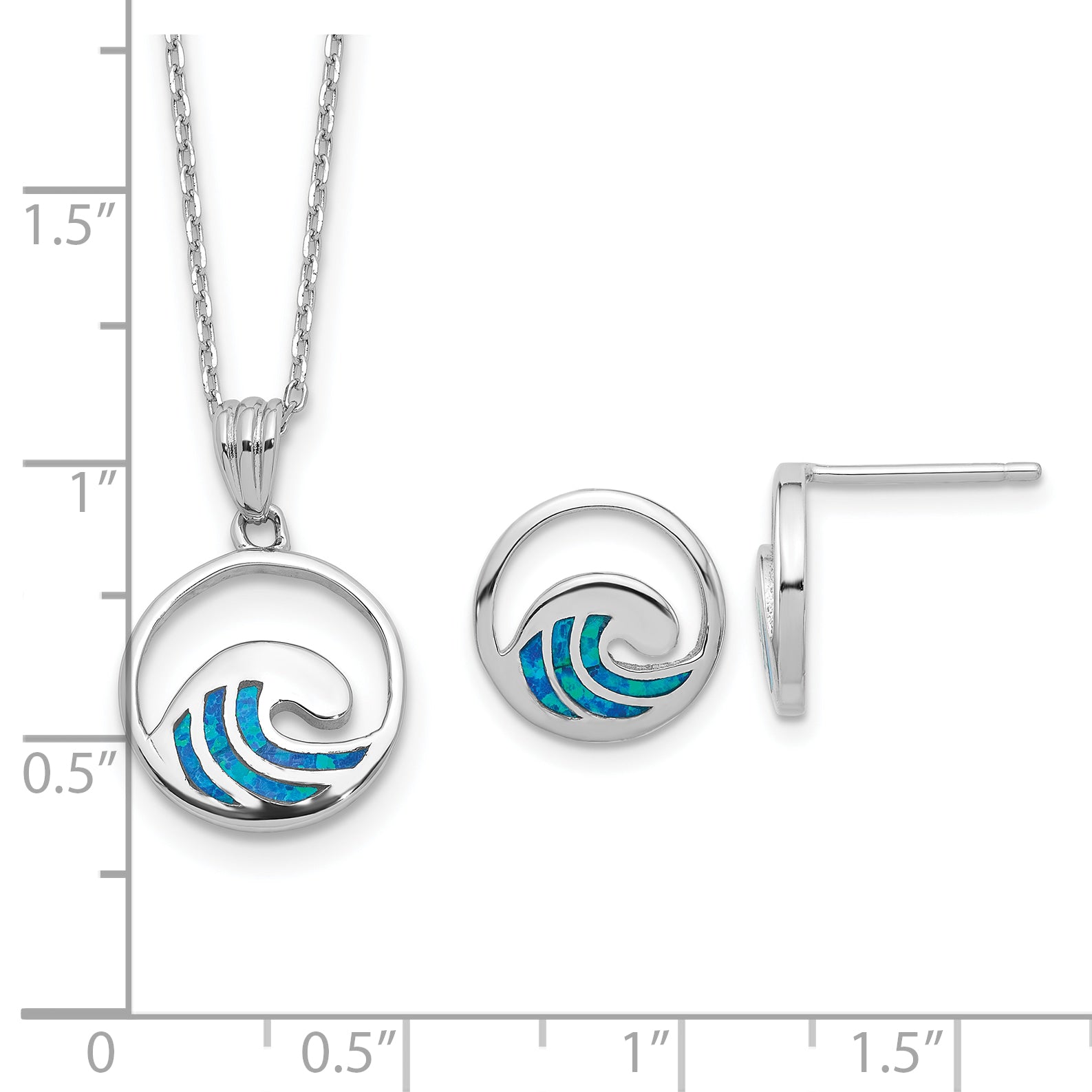 Sterling Silver RH-pl Cr.Opal Wave 16in Necklace w/2in ext/Earring Set