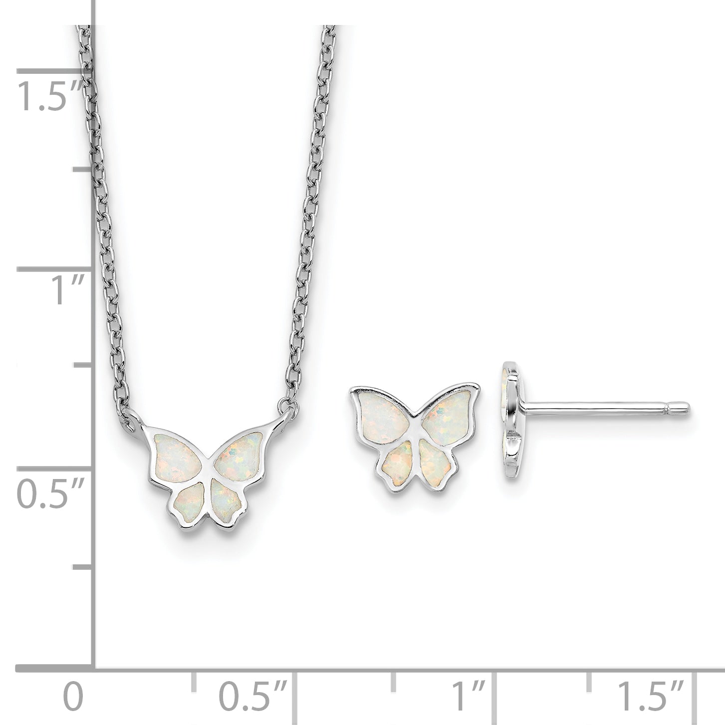 Sterling Silver RH-pl Cr.Opal Butterfly 16in Necklace w/2in ext/Earring Set