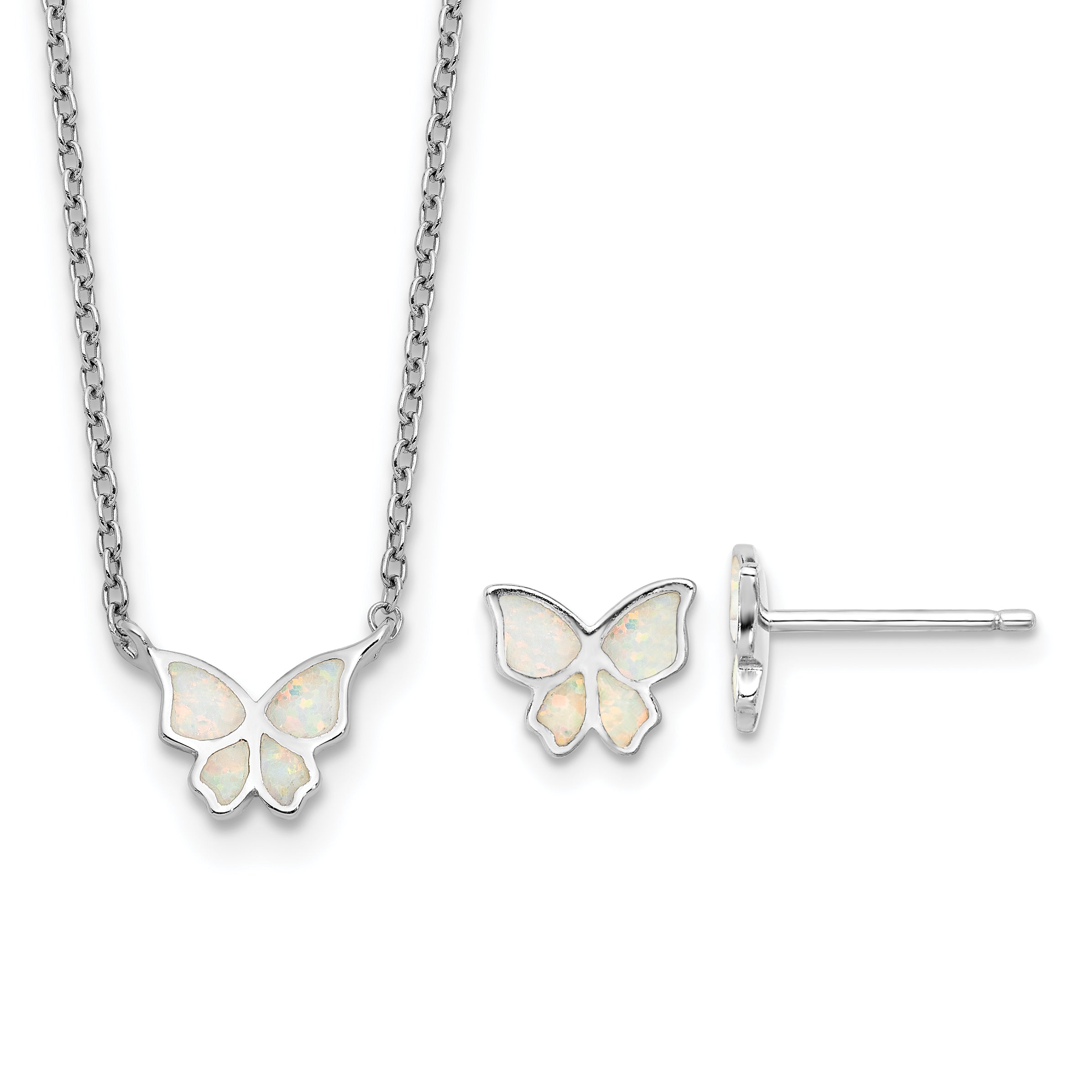 Sterling Silver RH-pl Cr.Opal Butterfly 16in Necklace w/2in ext/Earring Set