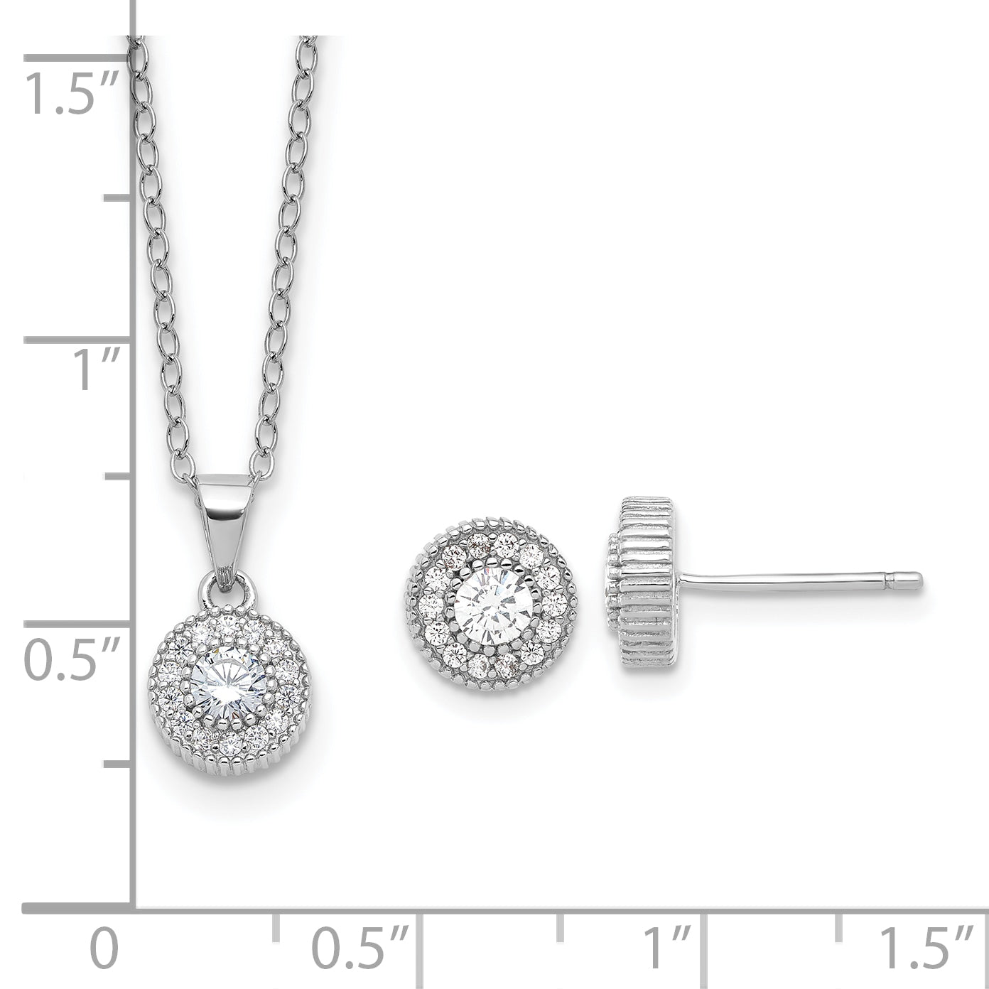 Sterling Silver RH-plated CZ Post Earrings and 16in Necklace w/2in ext Set