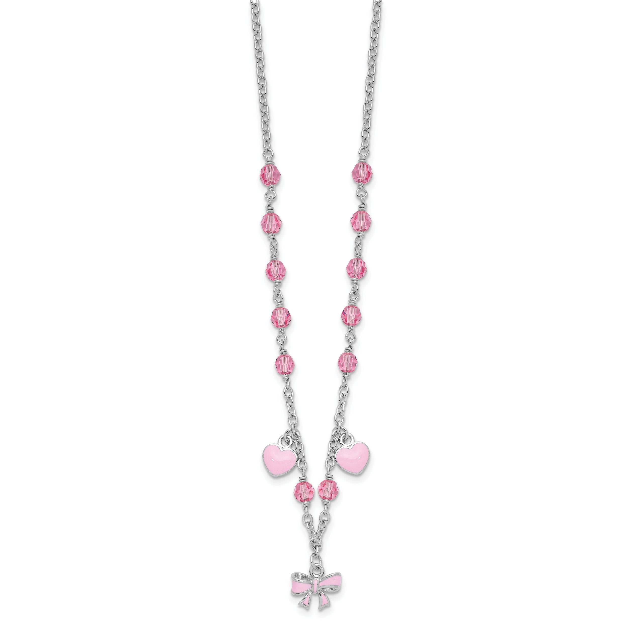 Sterling Silver Rhodium-plated Polished Pink Enamel & Crystal Hearts & Bow w/ 1 inch Extension Children's Necklace