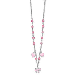 Sterling Silver Rhodium-plated Polished Pink Enamel & Crystal Hearts & Bow w/ 1 inch Extension Children's Necklace