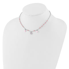 Sterling Silver Rhodium-plated Polished Pink Enamel & Crystal Hearts & Bow w/ 1 inch Extension Children's Necklace