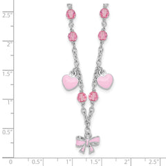 Sterling Silver Rhodium-plated Polished Pink Enamel & Crystal Hearts & Bow w/ 1 inch Extension Children's Necklace