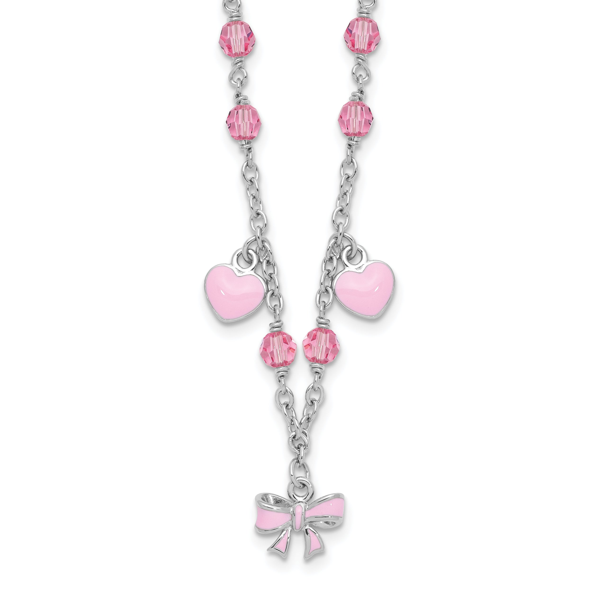 Sterling Silver Rhodium-plated Polished Pink Enamel & Crystal Hearts & Bow w/ 1 inch Extension Children's Necklace