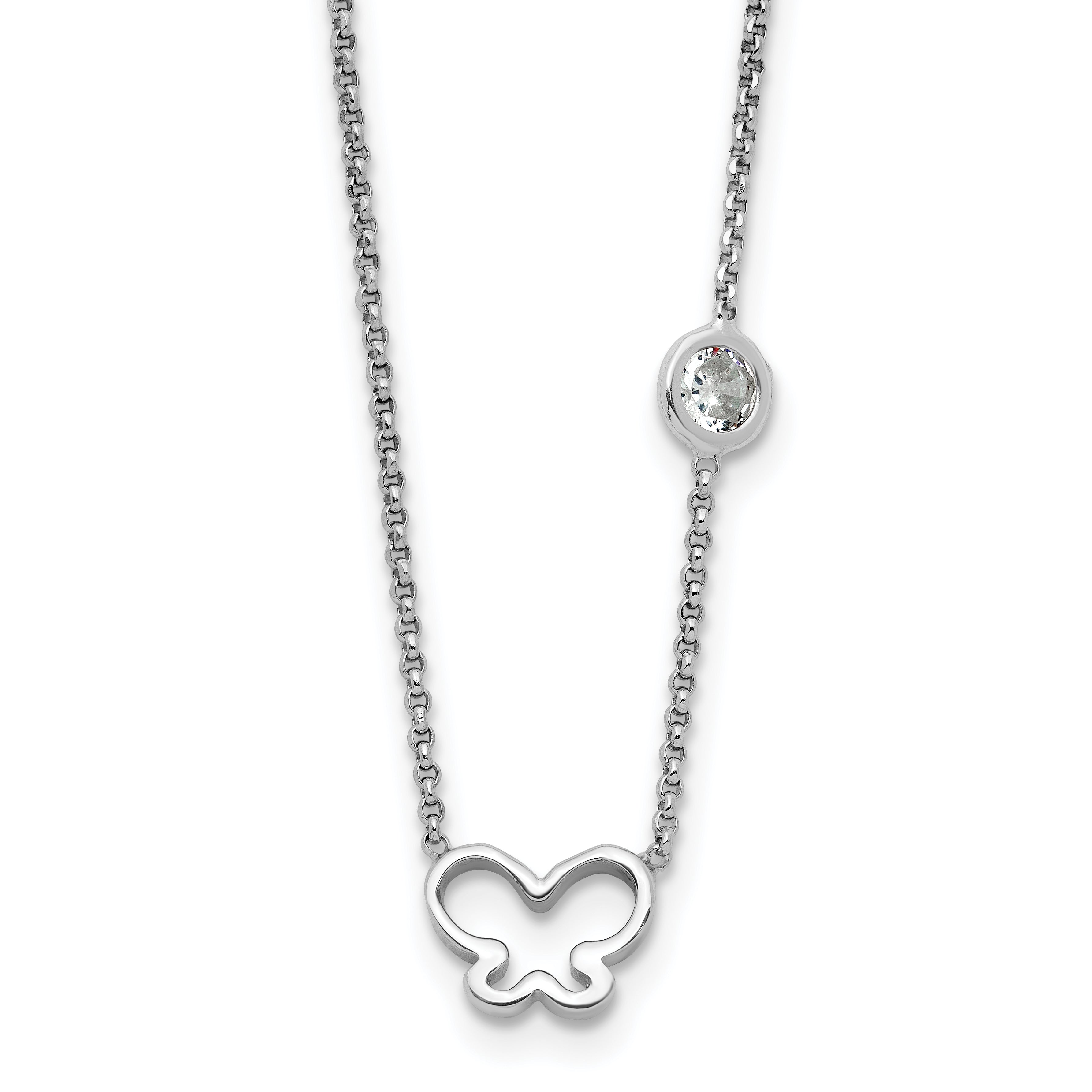 Sterling Silver Rhod-plated CZ & Butterfly w/ 2in Ext. Children's Necklace