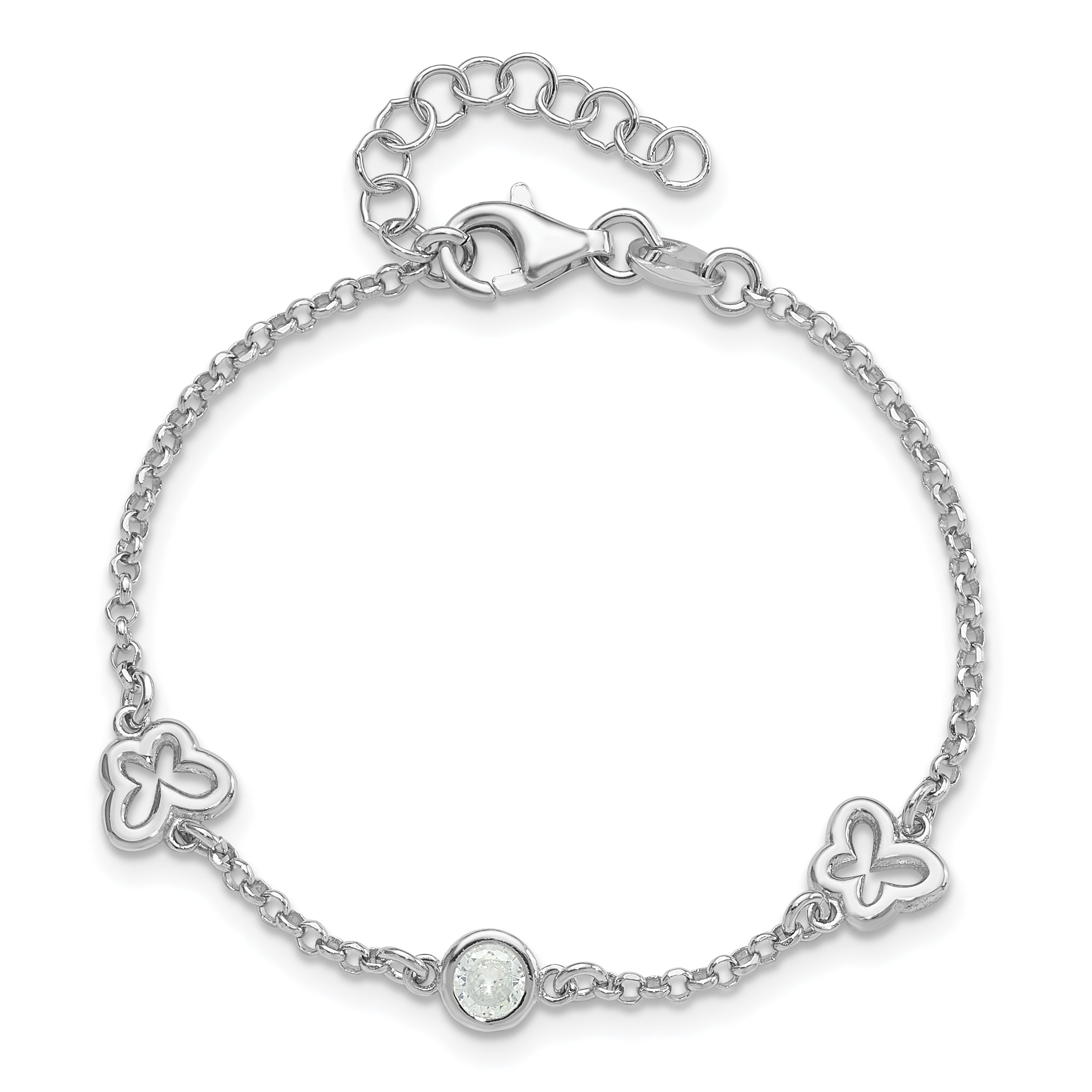 Sterling Silver Rhodium-plated CZ Butterfly w/1in Ext. Children's Bracelet