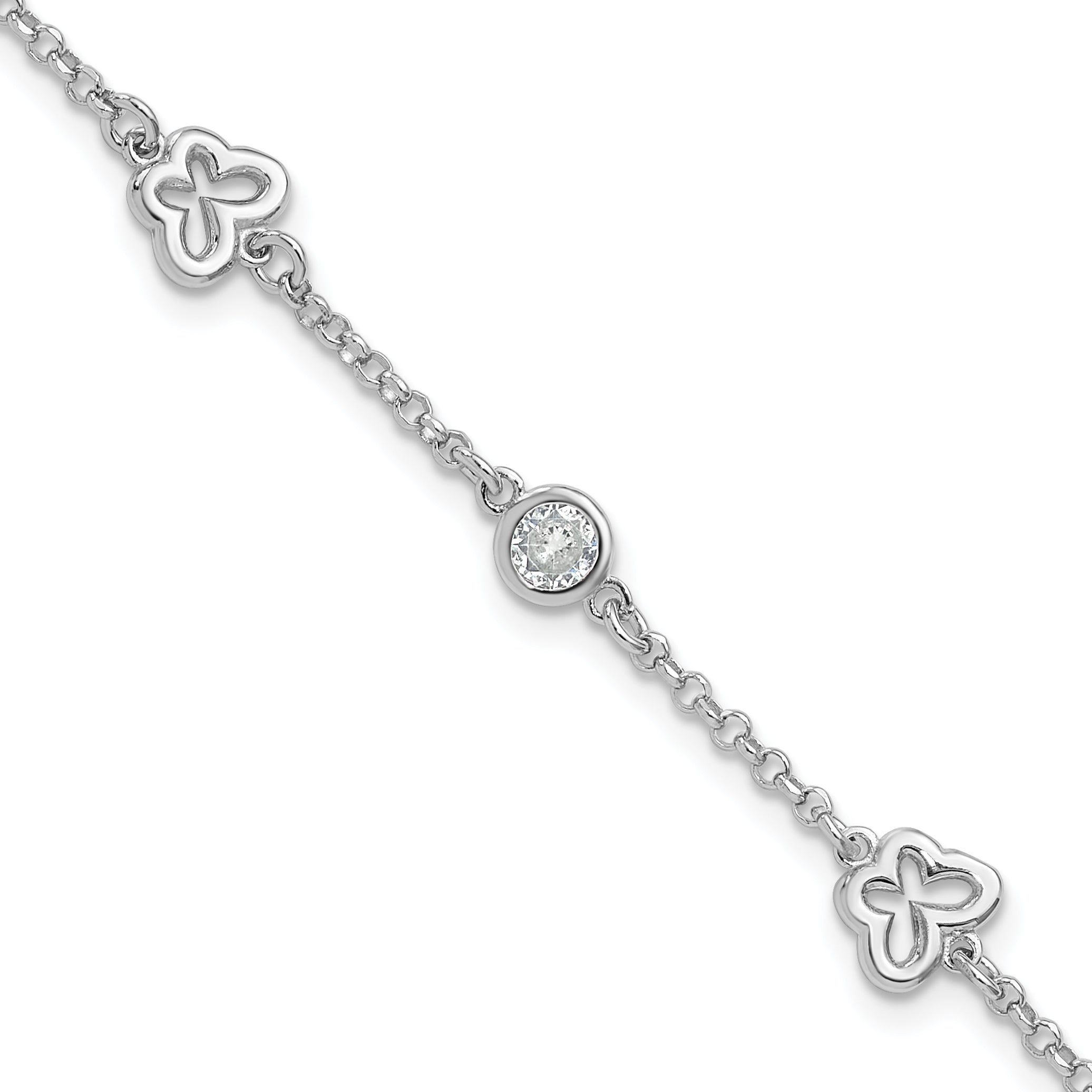 Sterling Silver Rhodium-plated CZ Butterfly w/1in Ext. Children's Bracelet