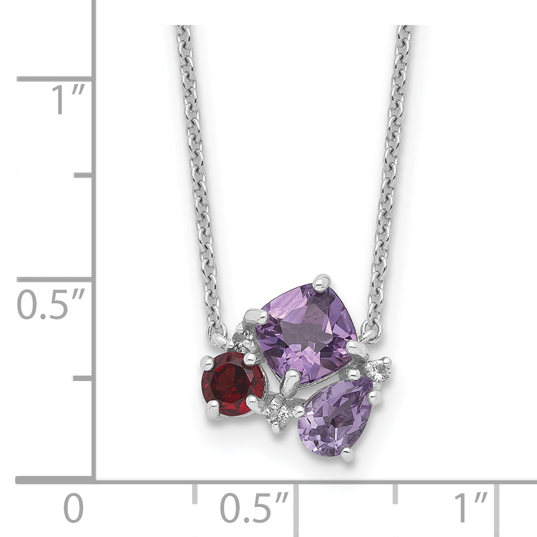 SS Rhodium Amethyst Pink Quartz/Garnet/ Wht Topaz 18in Necklace