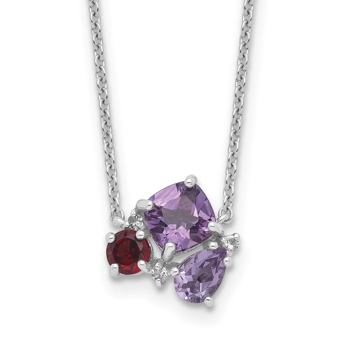 SS Rhodium Amethyst Pink Quartz/Garnet/ Wht Topaz 18in Necklace