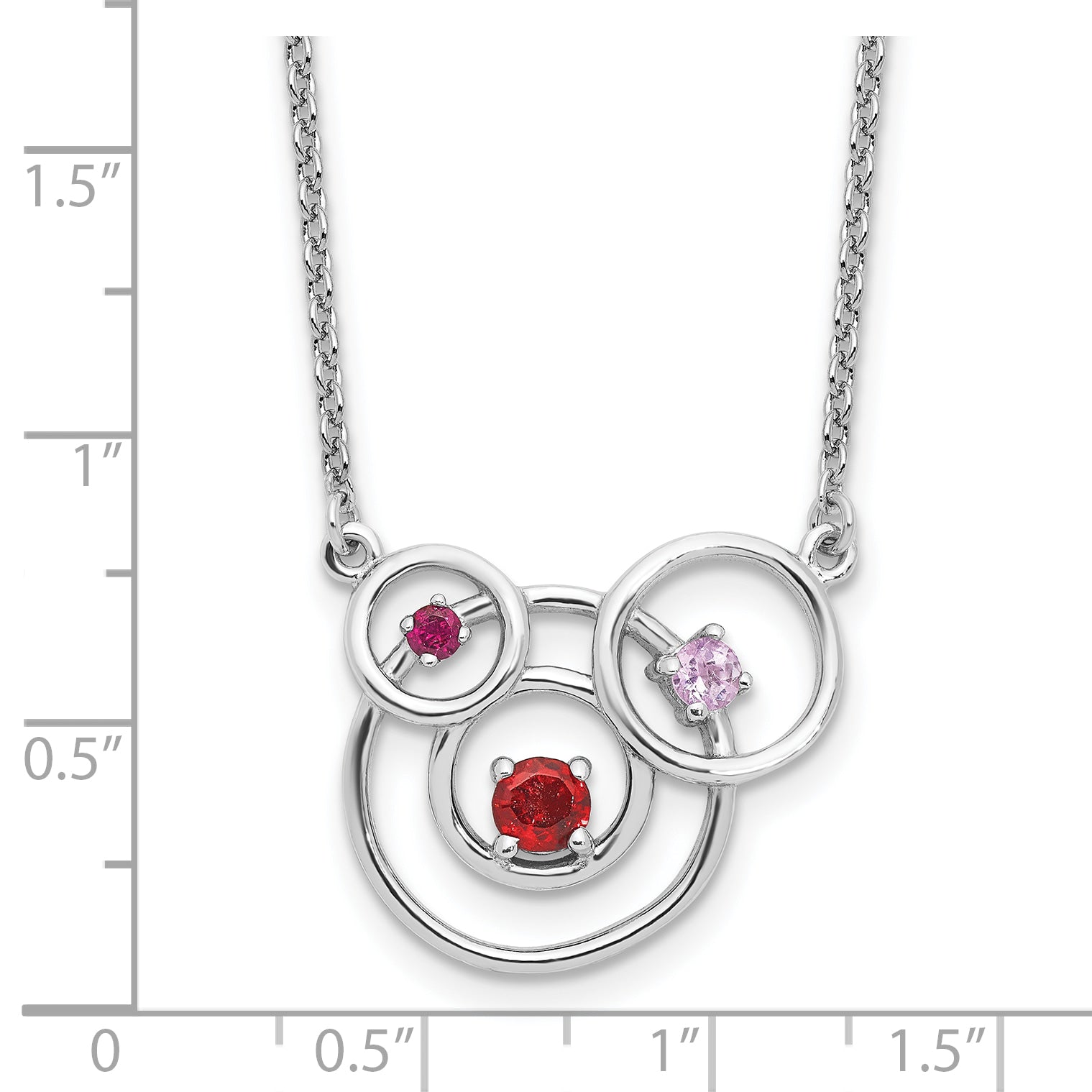 Sterling Silver Polished Amethyst, Garnet and Pink Tourmaline Circles with 2 Inch Extension Necklace