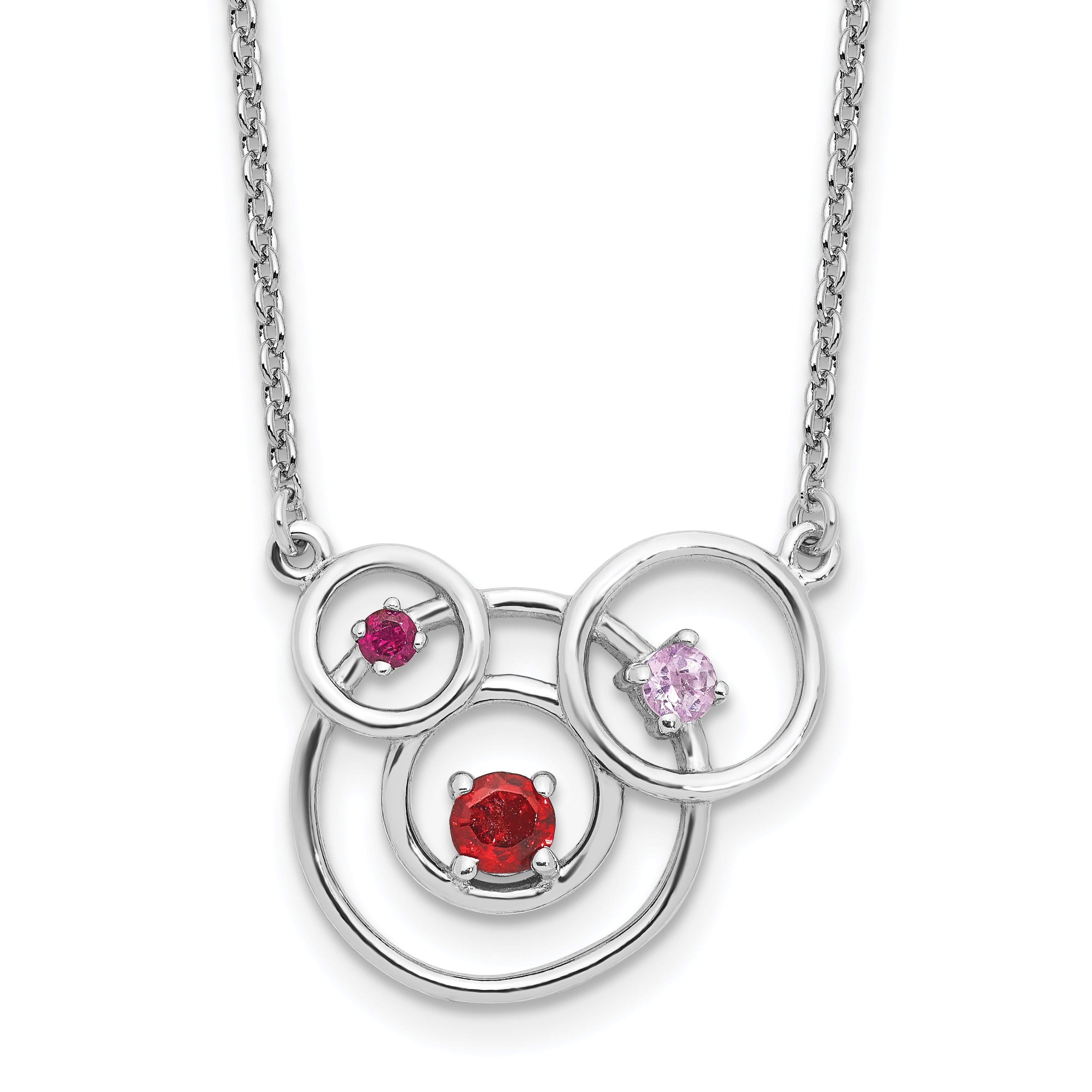 Sterling Silver Polished Amethyst, Garnet and Pink Tourmaline Circles with 2 Inch Extension Necklace