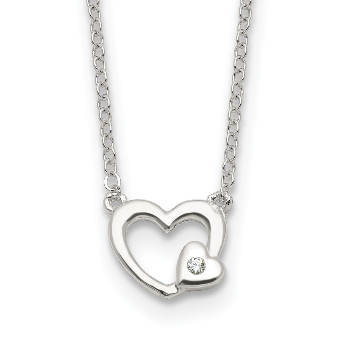 Sterling Silver E-Coating CZ Heart 16in w/2in ext Necklace