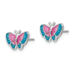 Sterling Silver Rhodium-plated Madi K Polished Pink & Blue Enameled Butterfly Children's Post Earrings