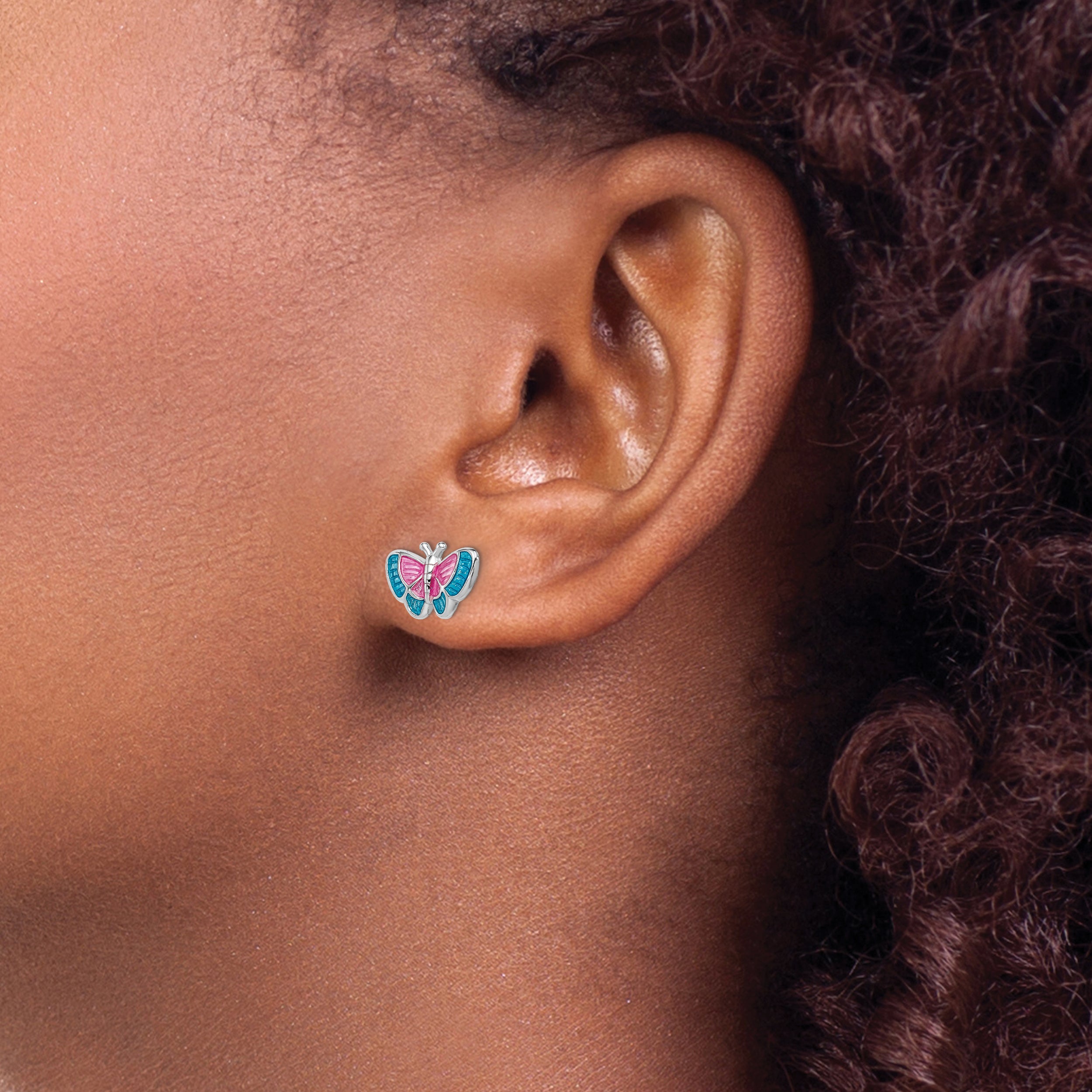 Sterling Silver Rhodium-plated Madi K Polished Pink & Blue Enameled Butterfly Children's Post Earrings