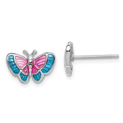 Sterling Silver Rhodium-plated Madi K Polished Pink & Blue Enameled Butterfly Children's Post Earrings