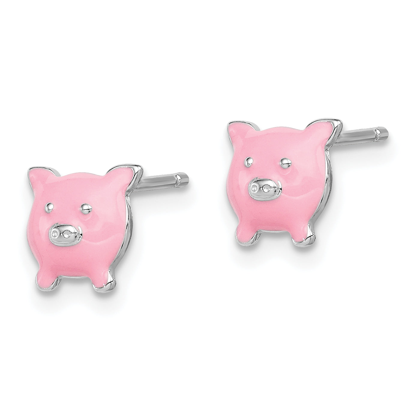 Sterling Silver Madi K Rhodium-plated Polished Pink Enameled Pig Children's Post Earrings