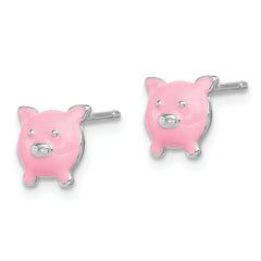 Sterling Silver Madi K Rhodium-plated Polished Pink Enameled Pig Children's Post Earrings