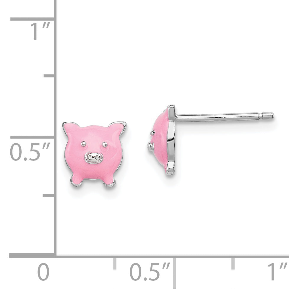 Sterling Silver Madi K Rhodium-plated Polished Pink Enameled Pig Children's Post Earrings