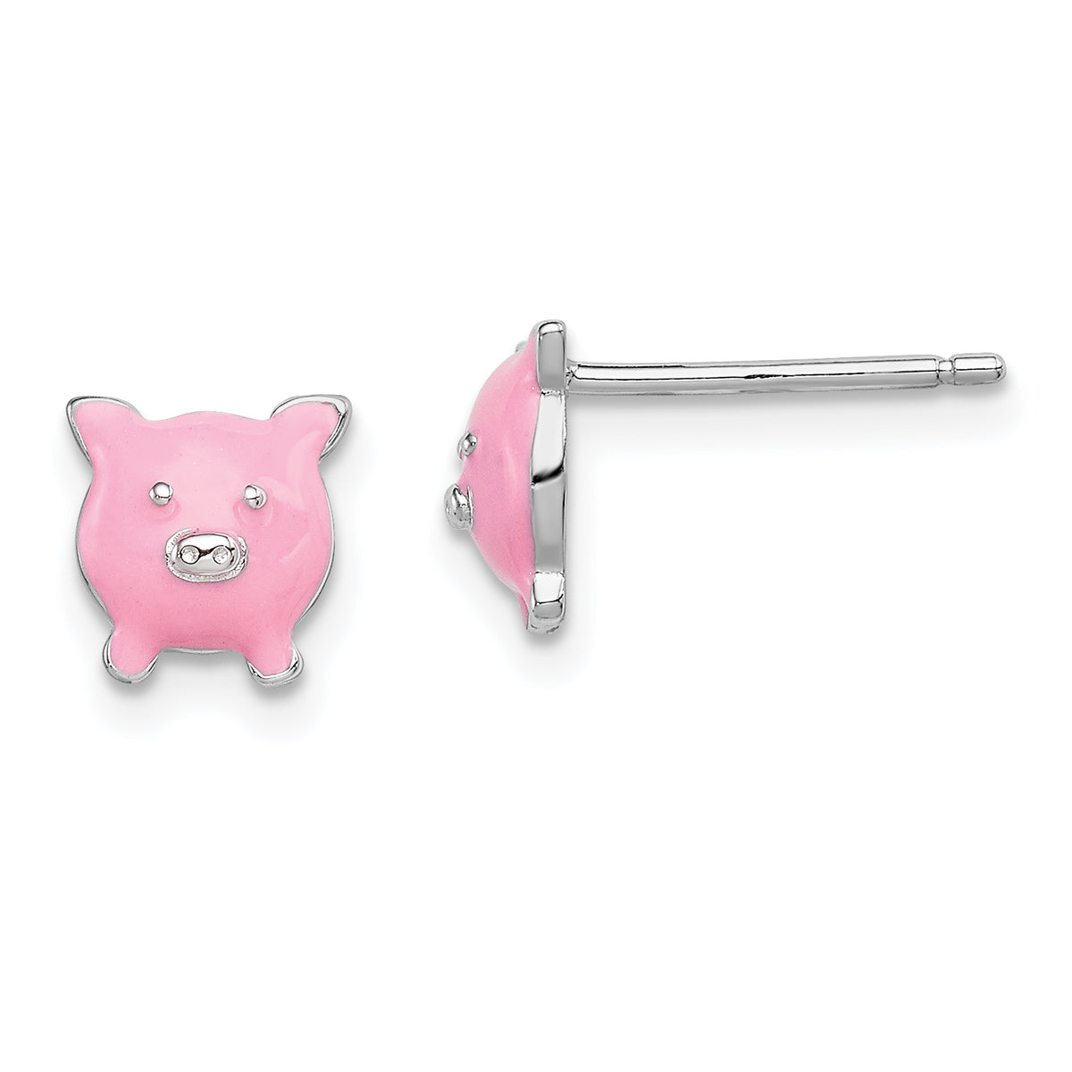 Sterling Silver Madi K Rhodium-plated Polished Pink Enameled Pig Children's Post Earrings