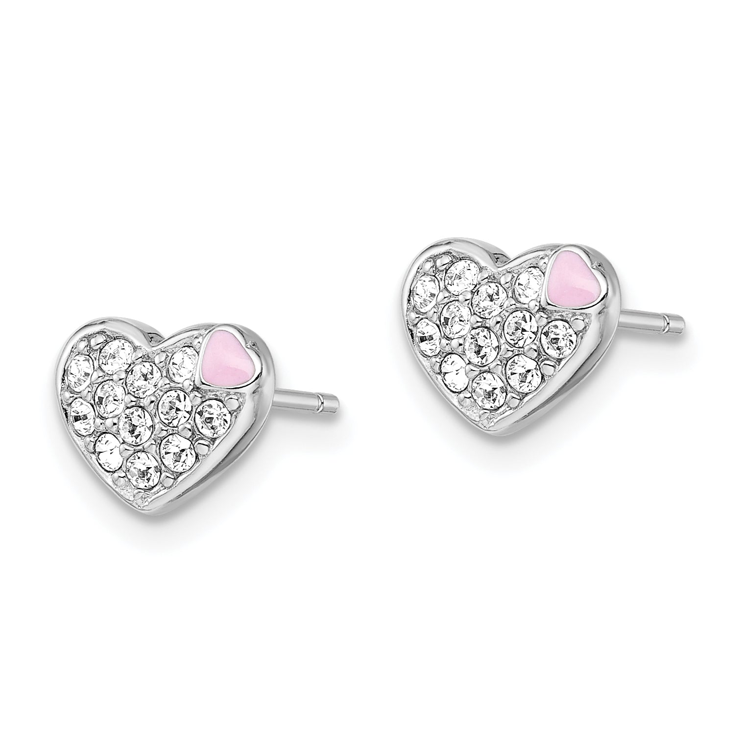 Sterling Silver Madi K Rhodium-plated Pink Enamel & Crystal Heart Children's Post Earrings