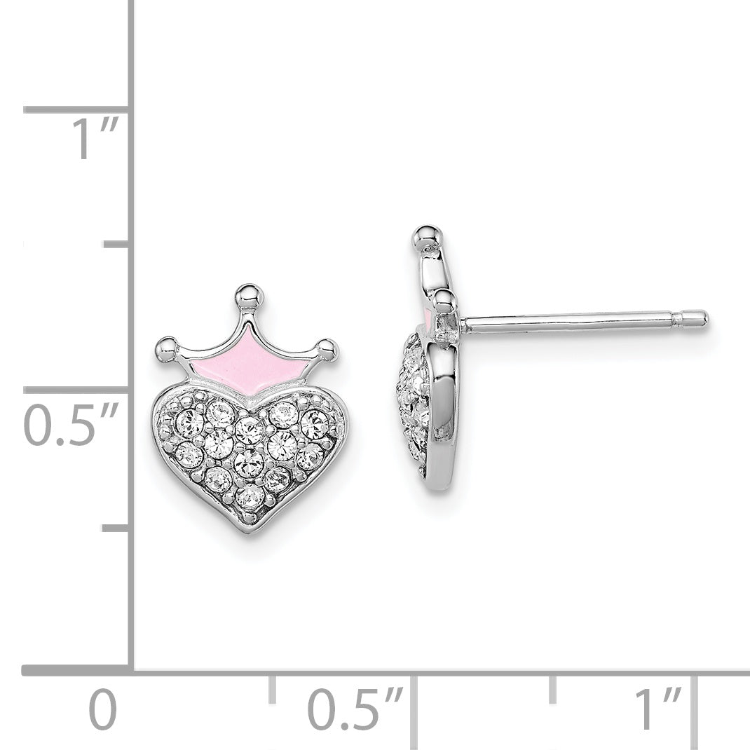 Sterling Silver Madi K Rhodium-plated Polished Pink Enamel & Crystal Crown Heart Children's Post Earrings