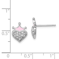 Sterling Silver Madi K Rhodium-plated Polished Pink Enamel & Crystal Crown Heart Children's Post Earrings