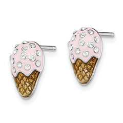 Sterling Silver Madi K Rhodium-plated Polished Pink & Brown Enameled & Crystal Ice Cream Children's Post Earrings