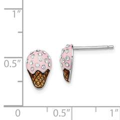 Sterling Silver Madi K Rhodium-plated Polished Pink & Brown Enameled & Crystal Ice Cream Children's Post Earrings