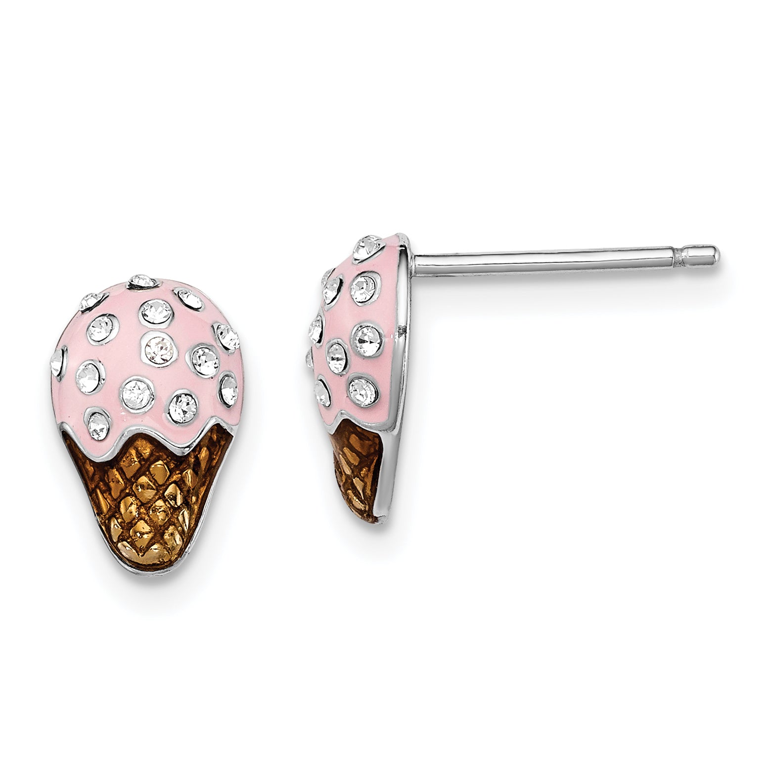 Sterling Silver Madi K Rhodium-plated Polished Pink & Brown Enameled & Crystal Ice Cream Children's Post Earrings