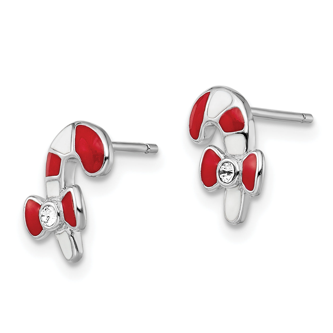 Sterling Silver Madi K Rhodium-plated Polished Red & White Enameled & Crystal Candy Cane Children's Post Earrings