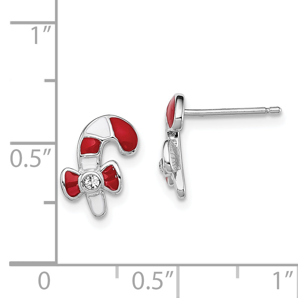 Sterling Silver Madi K Rhodium-plated Polished Red & White Enameled & Crystal Candy Cane Children's Post Earrings