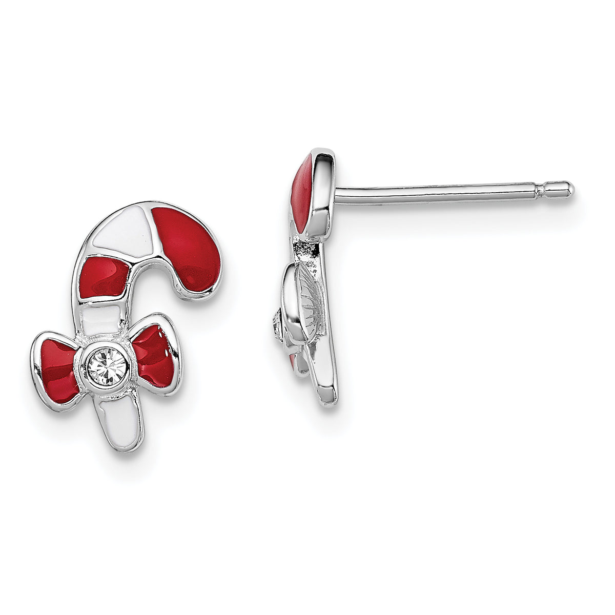 Sterling Silver Madi K Rhodium-plated Polished Red & White Enameled & Crystal Candy Cane Children's Post Earrings