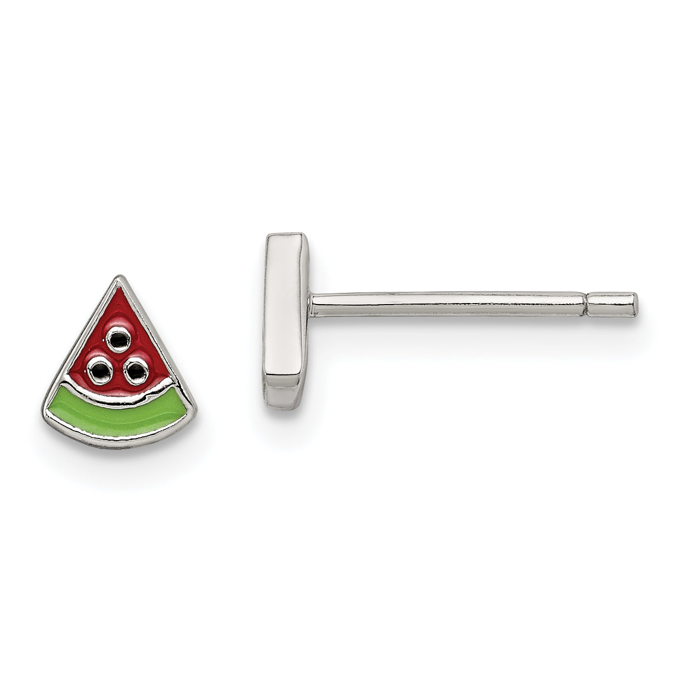 Sterling Silver Madi K Rhodium-plated Polished Red, Green & Black Enameled Watermelon Children's Post Earrings