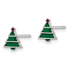 Sterling Silver Madi K Rhodium-plated Polished Green & Red Enameled Christmas Tree Children's Post Earrings