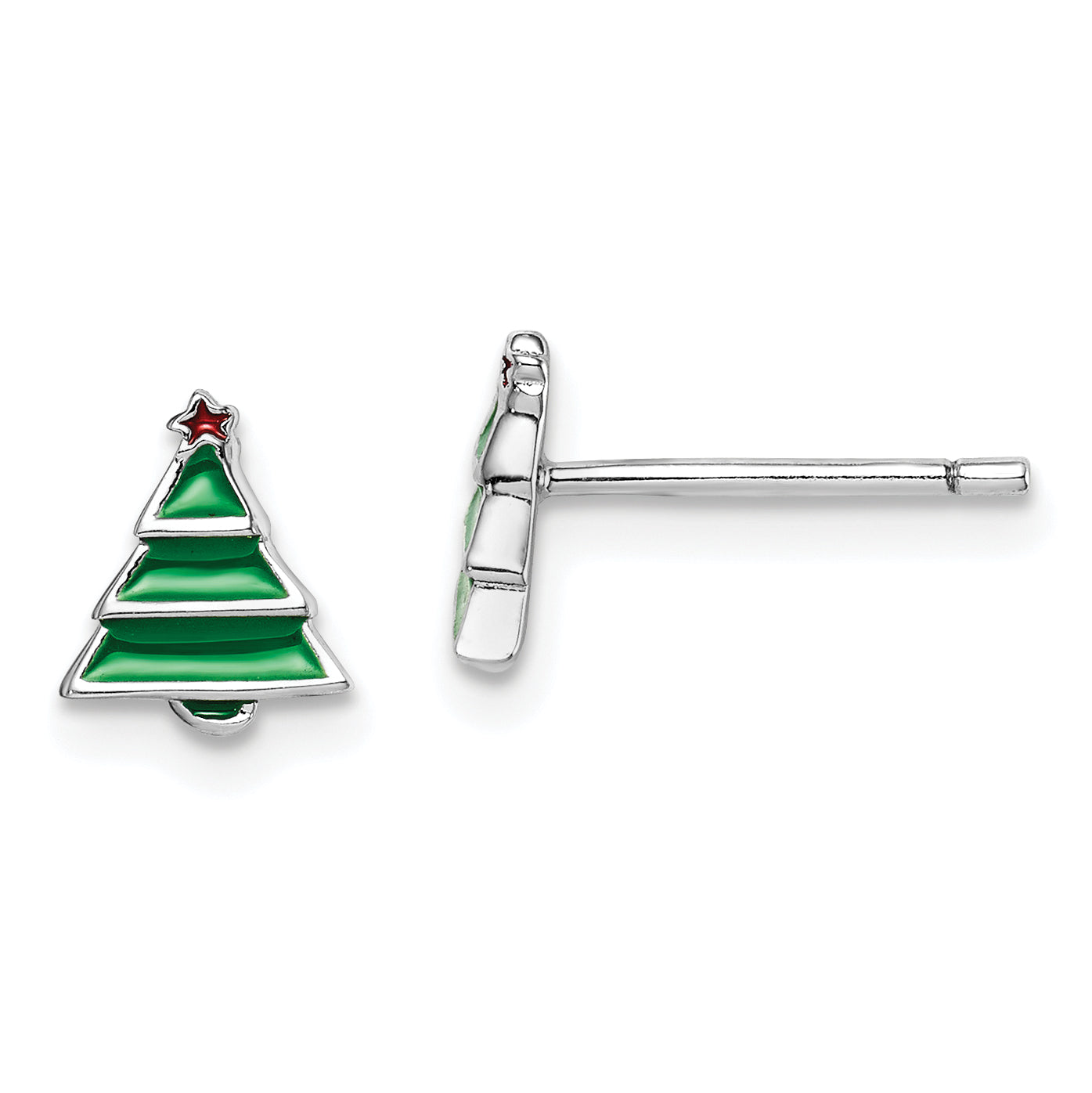 Sterling Silver Madi K Rhodium-plated Polished Green & Red Enameled Christmas Tree Children's Post Earrings