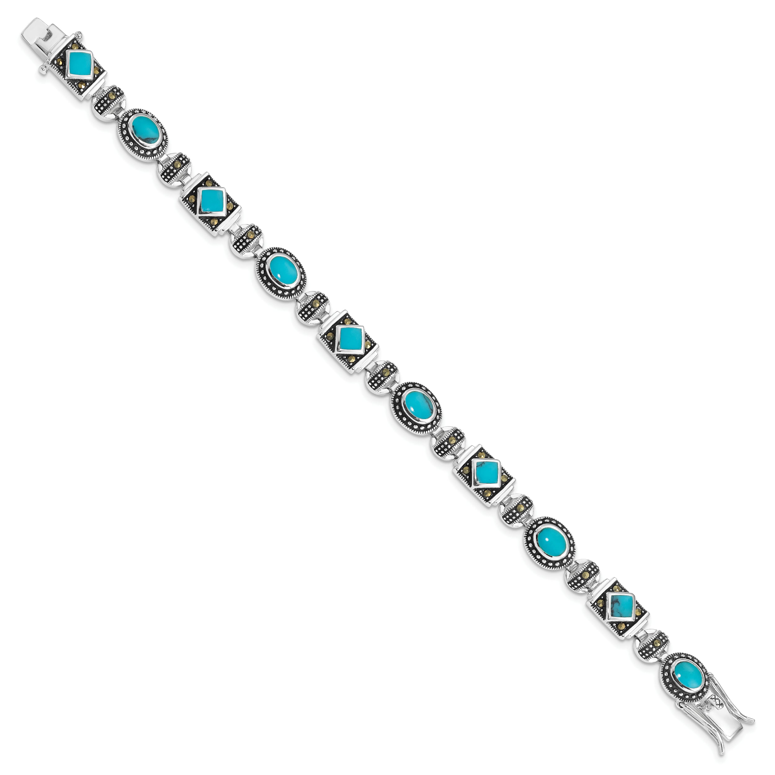 Sterling Silver Rhodium-plated Synth Turquoise and Marcasite Bracelet