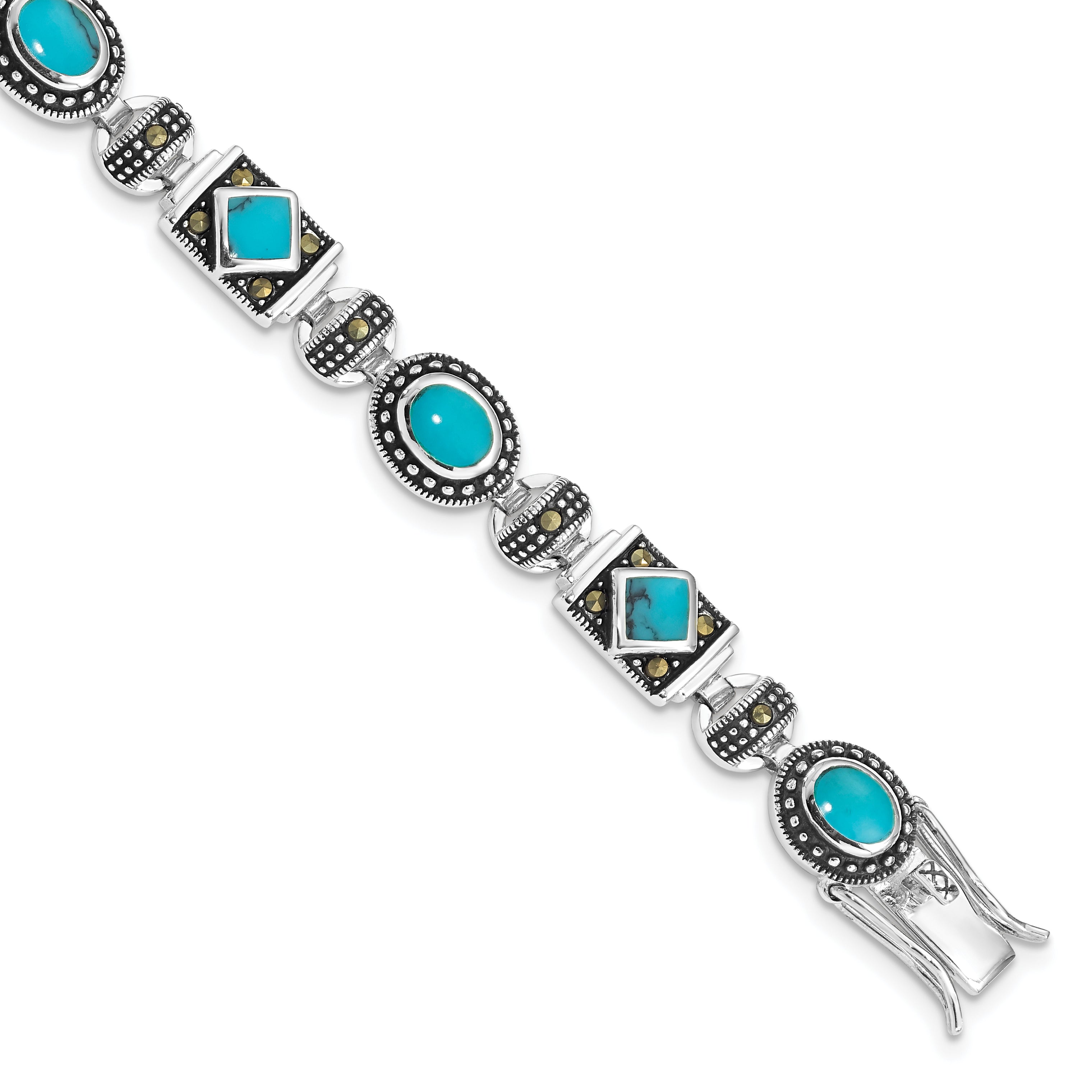 Sterling Silver Rhodium-plated Synth Turquoise and Marcasite Bracelet